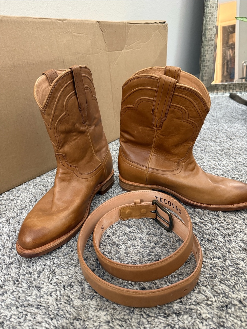 Tecovas Cognac Leather Western Boots (9.5D) with Matching Belt (size 36) in box.